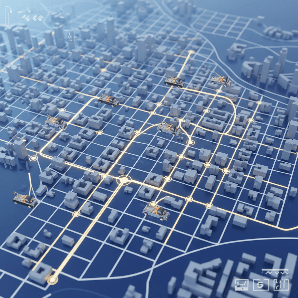 Carte GPS en temps réel du logiciel de dispatching remorquage montrant les dépanneuses et itinéraires optimisés