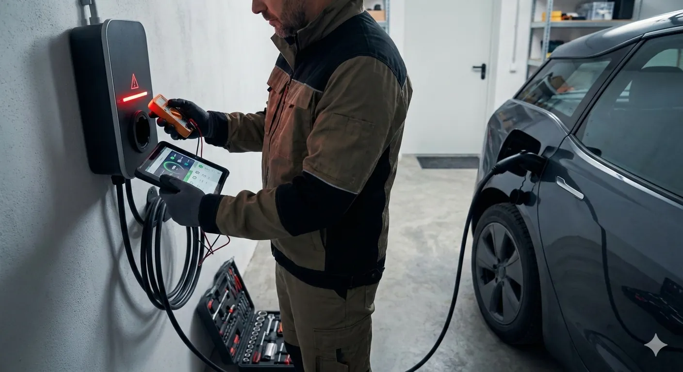 Technicien intervenant sur une borne de recharge