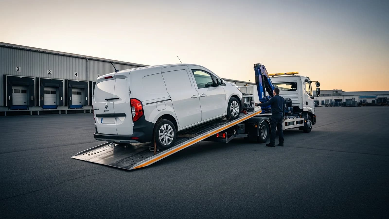 Utilitaire électrique chargé sur plateau dans un dépôt logistique