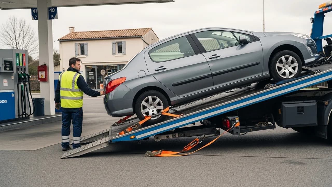 Chargement d'une voiture sur un camion plateau pour rapatriement