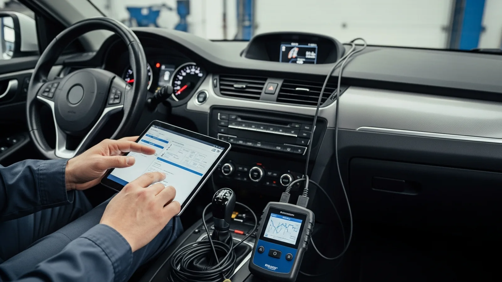 Technicien contrôlant le système hybride d'une voiture avec tablette de diagnostic