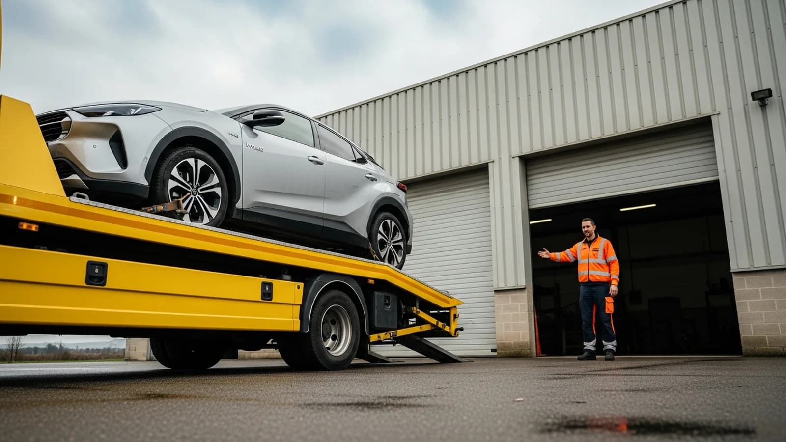 Voiture hybride chargée sur un camion plateau pour transport vers atelier