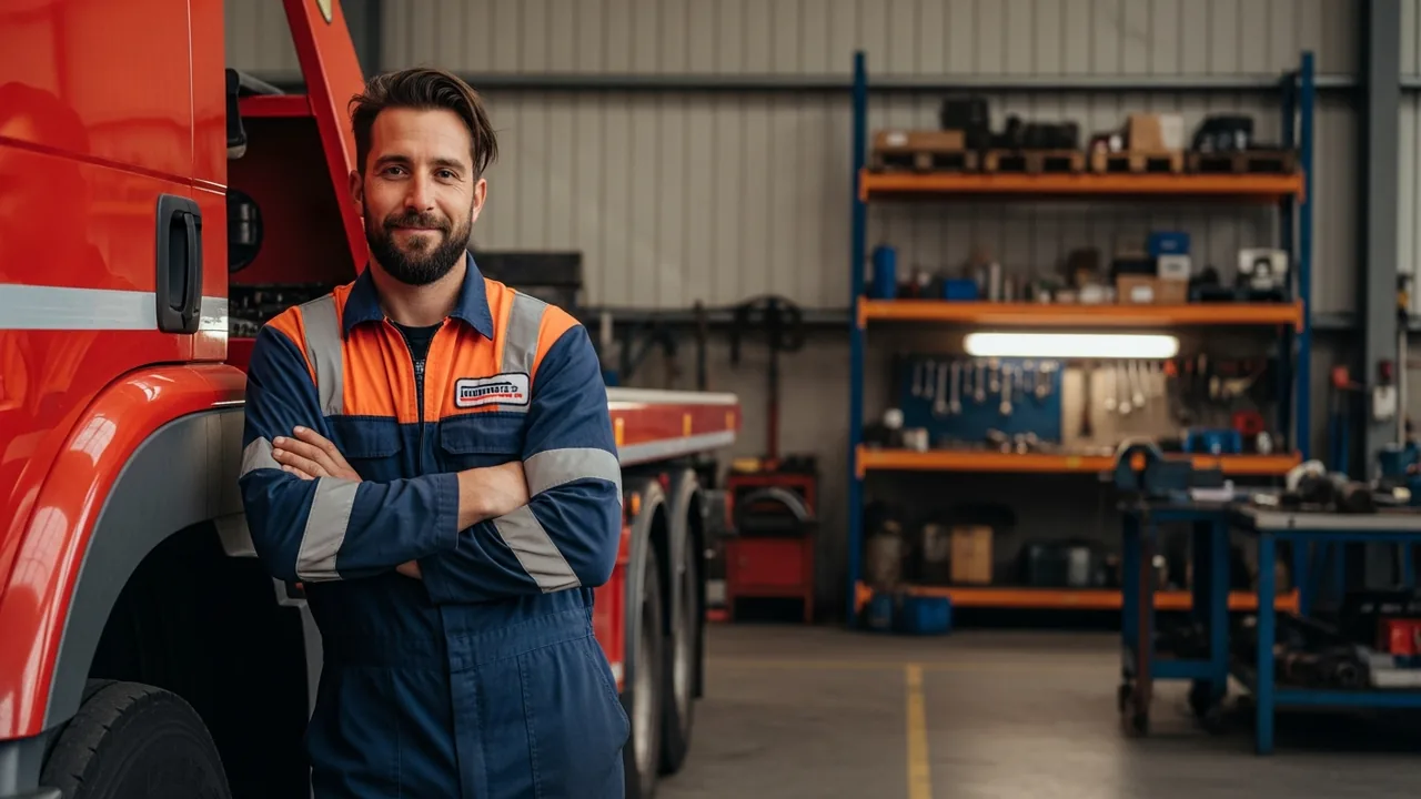 Dépanneur automobile professionnel devant son camion de dépannage
