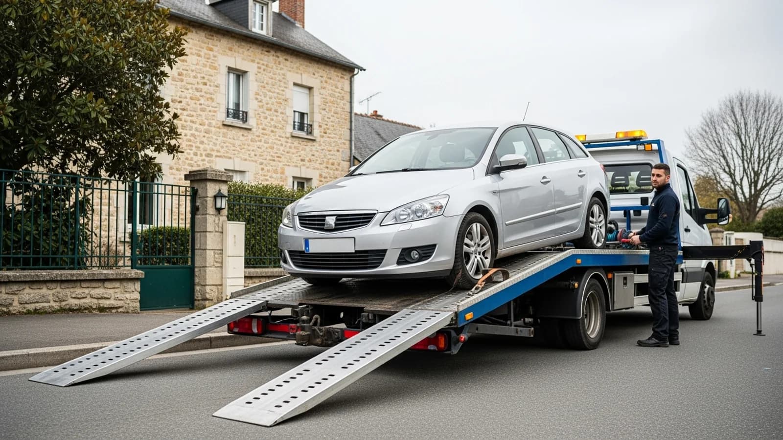 Voiture chargée sur camion plateau après immobilisation stop drive