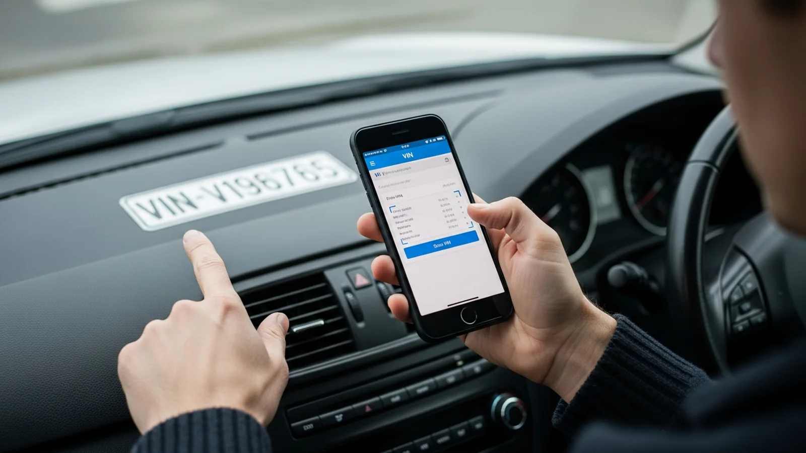 Conducteur vérifiant le VIN d'une voiture rappelée sur son smartphone