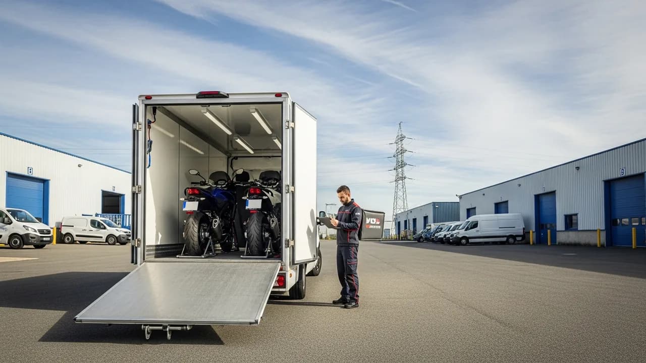 Fourgon de transport moto avec rampe ouverte et deux motos arrimées