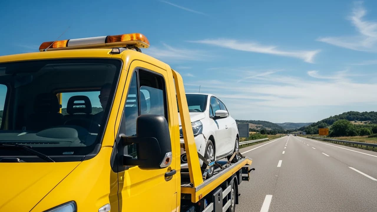 Camion plateau transportant une voiture sur une route française
