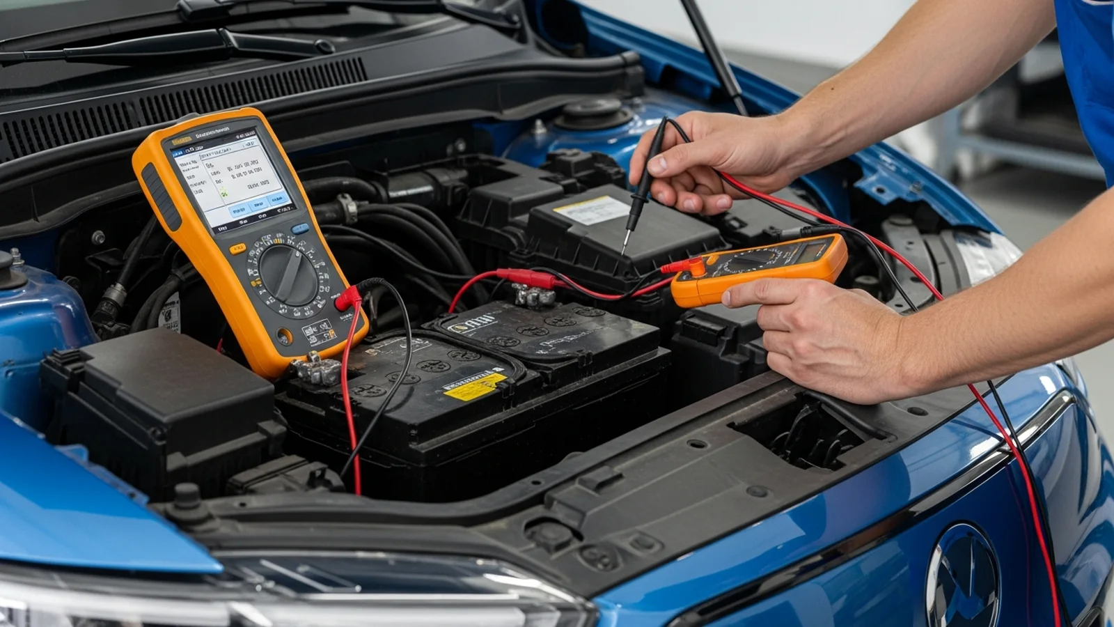 Technicien testant la batterie 12V d'une voiture électrique immobilisée