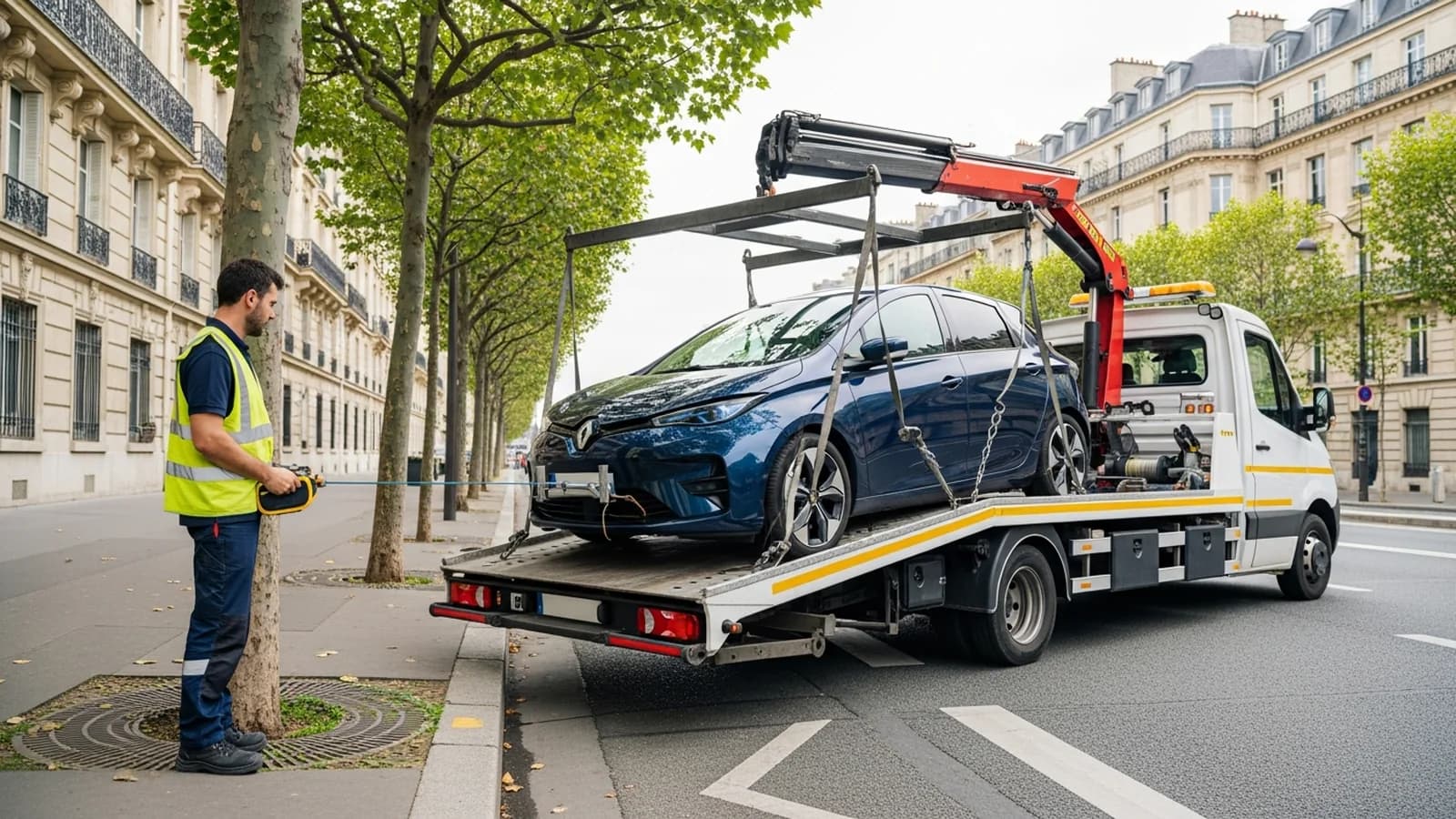 Voiture électrique immobilisée chargée sur un camion plateau