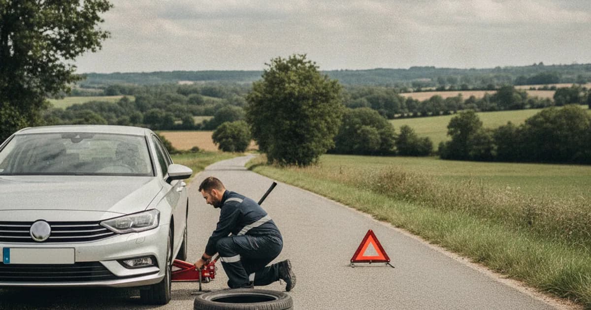 Technicien Uber Dépannage changeant un pneu crevé au bord de la route