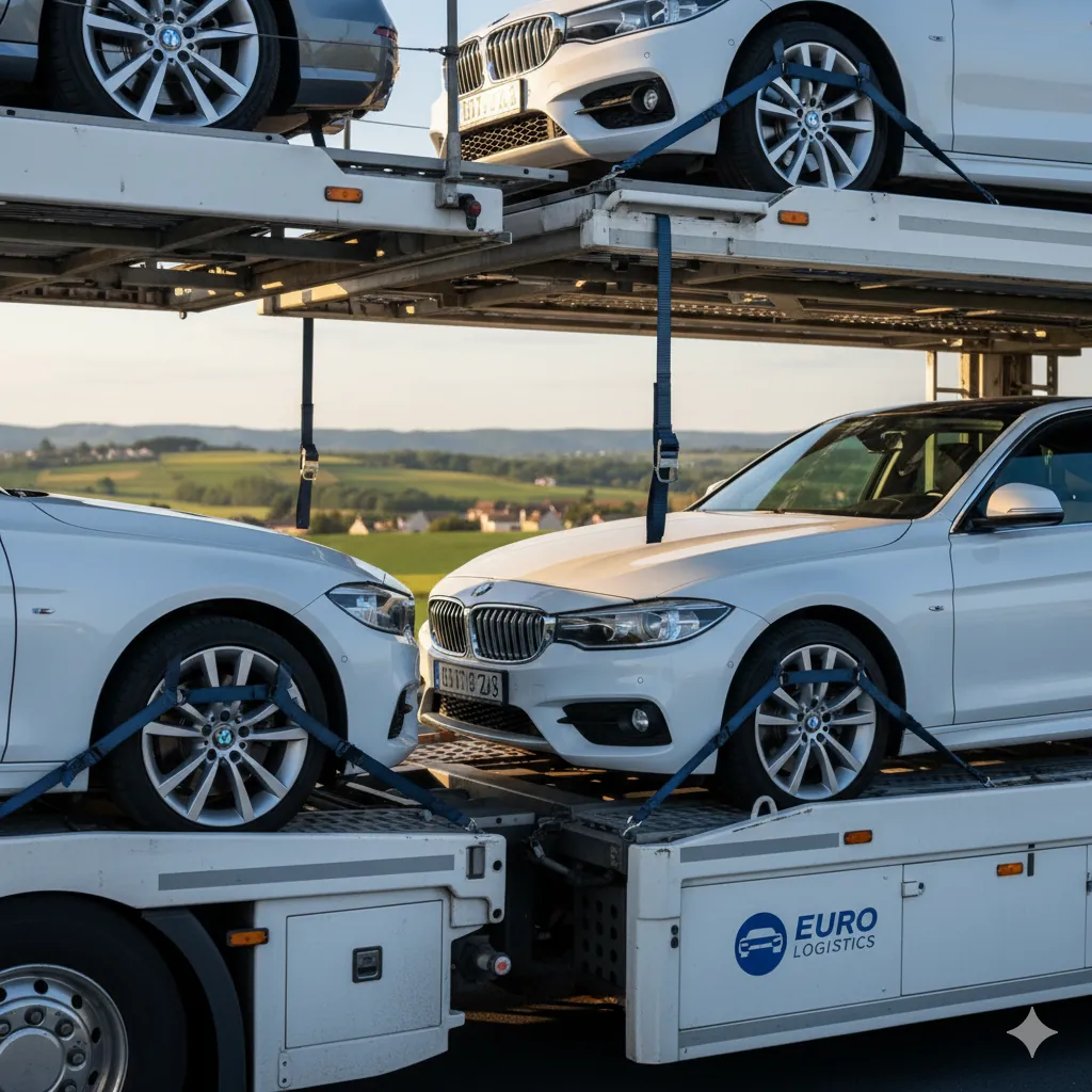 Chargement véhicule sur porte-voiture pour transport groupé