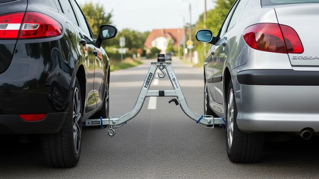 Barre de remorquage rigide connectant deux voitures sur une route française