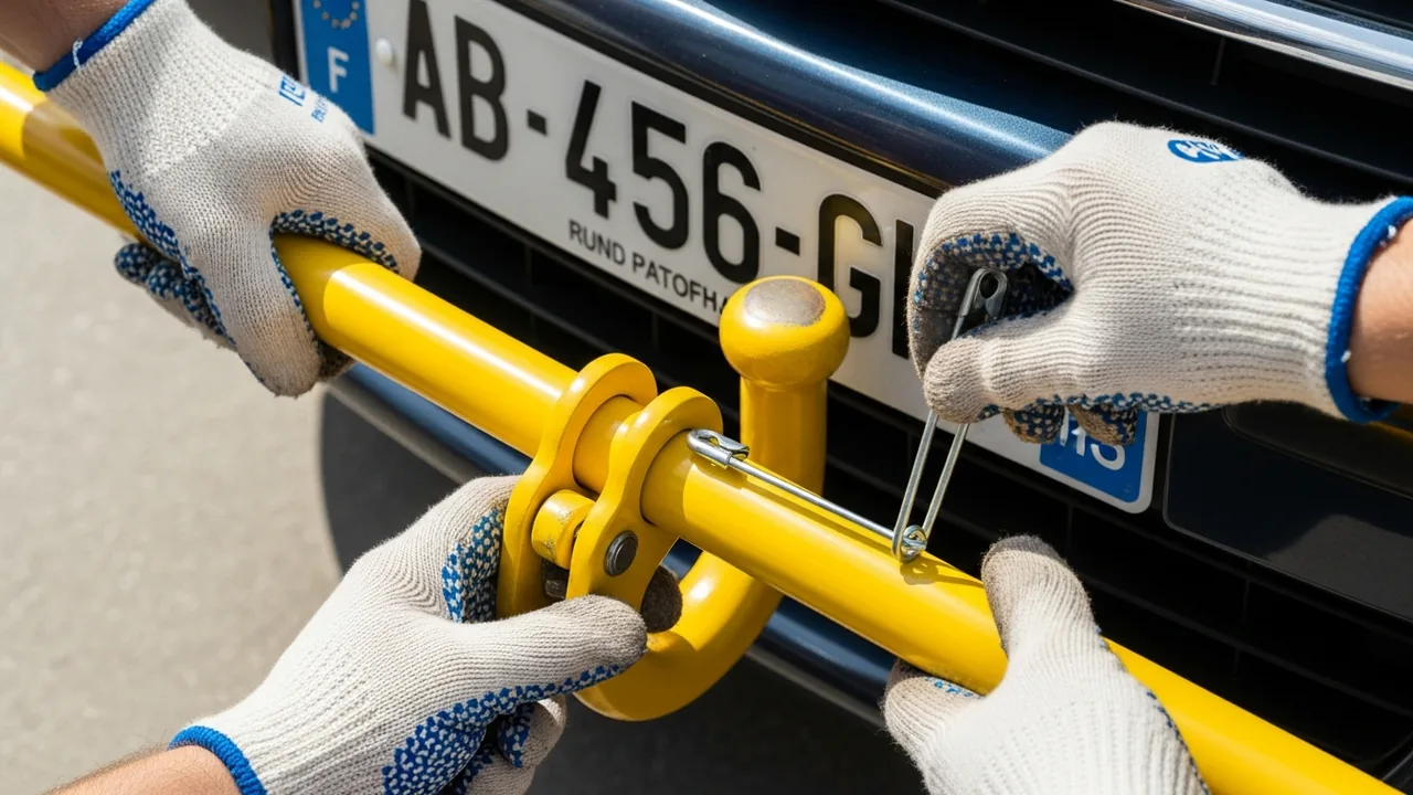 Installation d'une barre de remorquage rigide sur le point d'ancrage avant d'une voiture