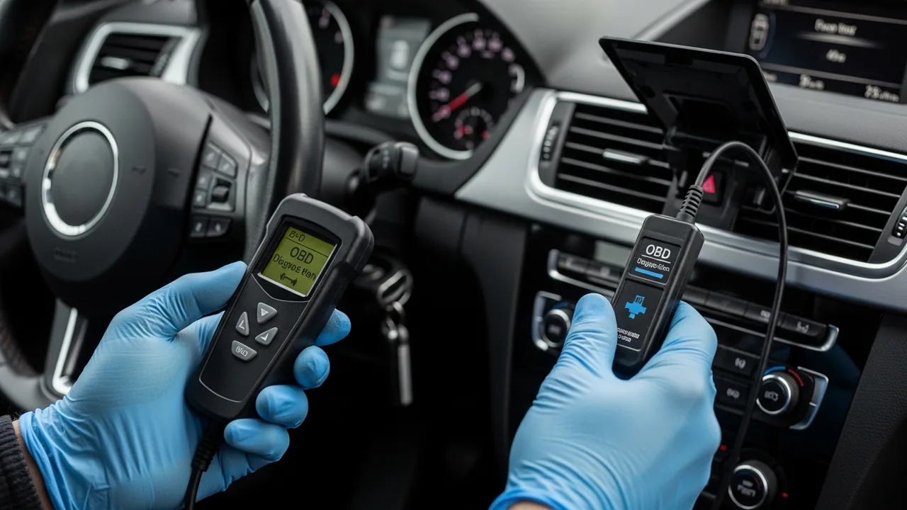 Mécanicien branchant un scanner OBD pour diagnostiquer une panne automobile