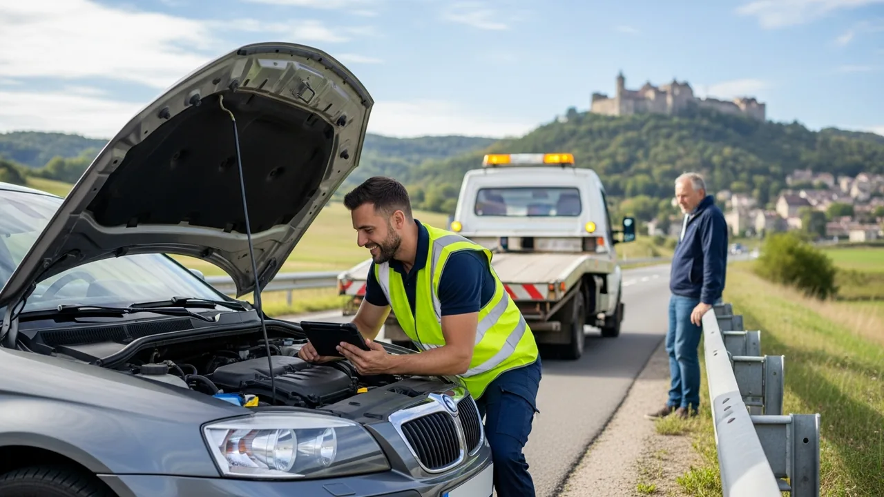 Technicien d'assistance dépannage intervenant sur une voiture en bord de route