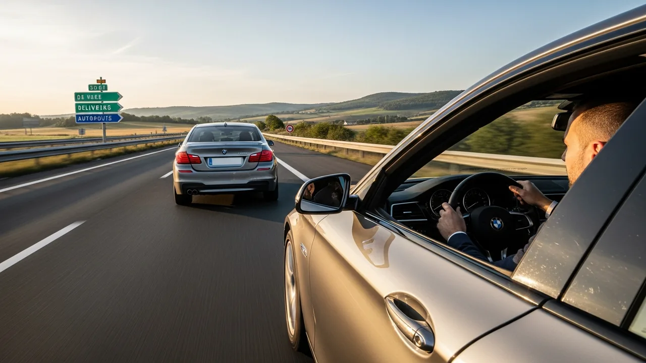 Convoyeur automobile livrant une berline sur une autoroute française