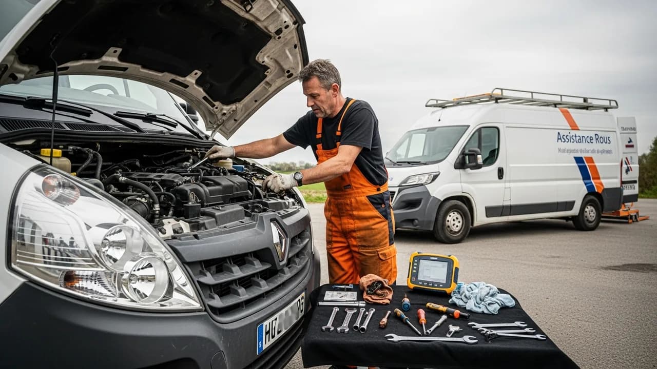 Mécanicien intervenant sur le moteur d'un camion en panne au bord de la route