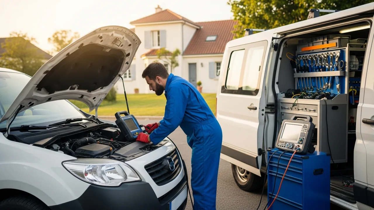 Mécanicien mobile intervenant sur une voiture en panne dans une allée résidentielle