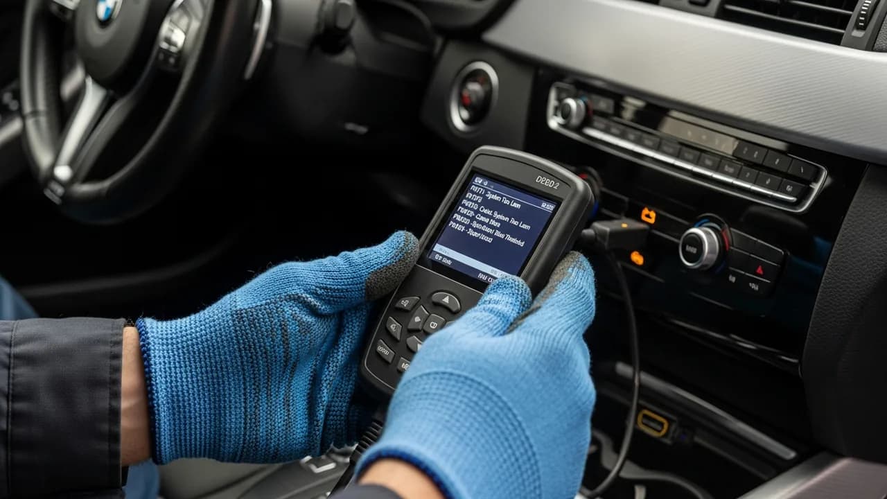 Gros plan d'un mécanicien mobile utilisant un scanner OBD2 pour diagnostiquer une panne