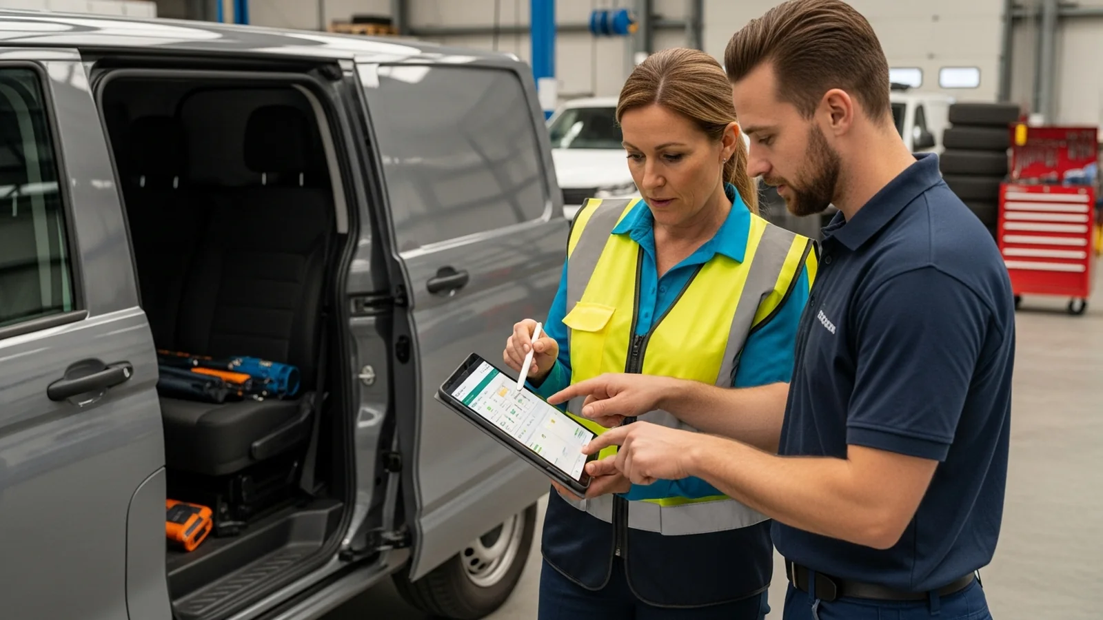 Gestionnaire de flotte et technicien analysant un utilitaire électrique immobilisé Gestionnaire de flotte et technicien analysant un utilitaire électrique immobilisé