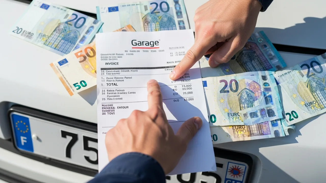 Facture de dépannage auto avec détail des tarifs et billets en euros