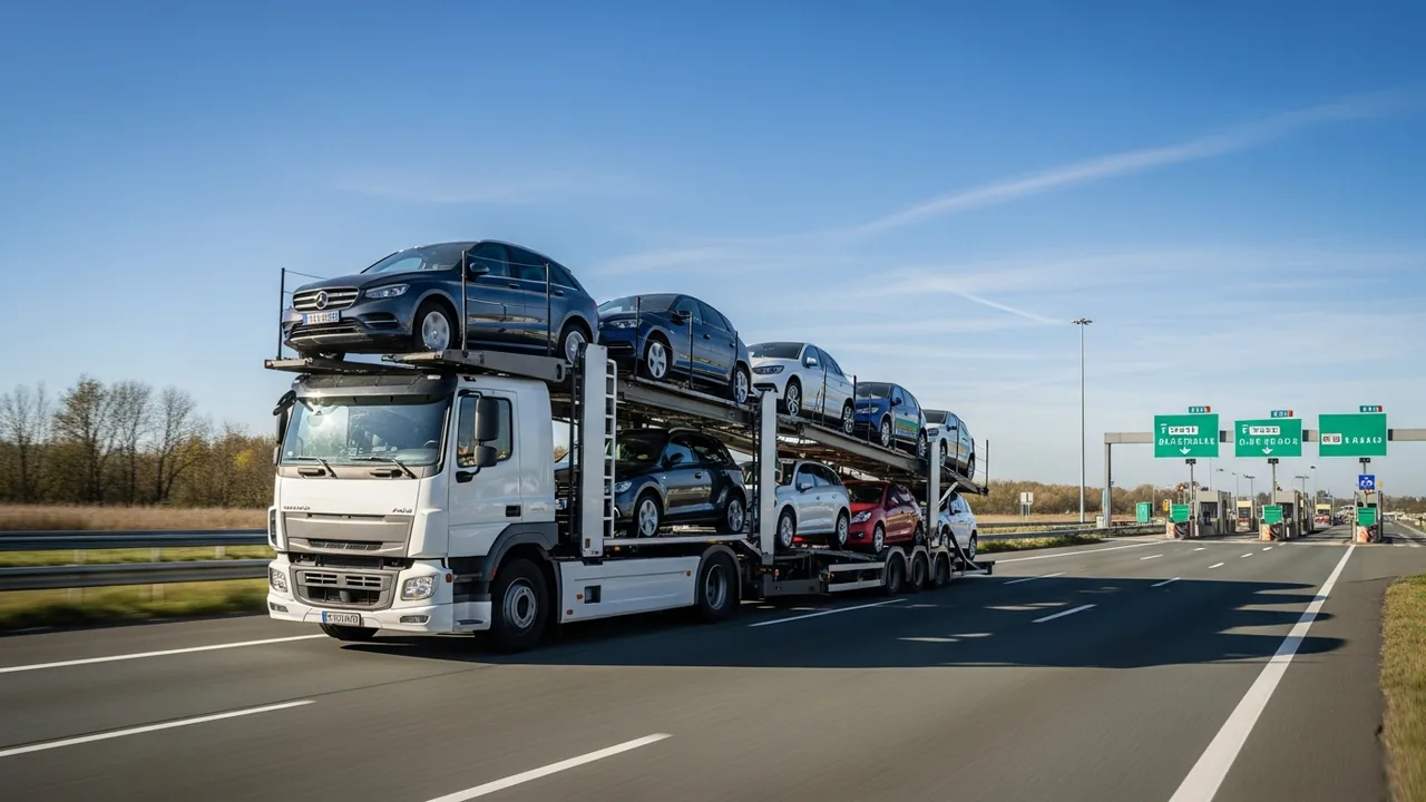 Camion porte-voitures chargé de six véhicules sur une autoroute française