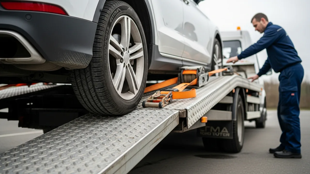 Voiture montant la rampe d'un camion plateau pour le transport