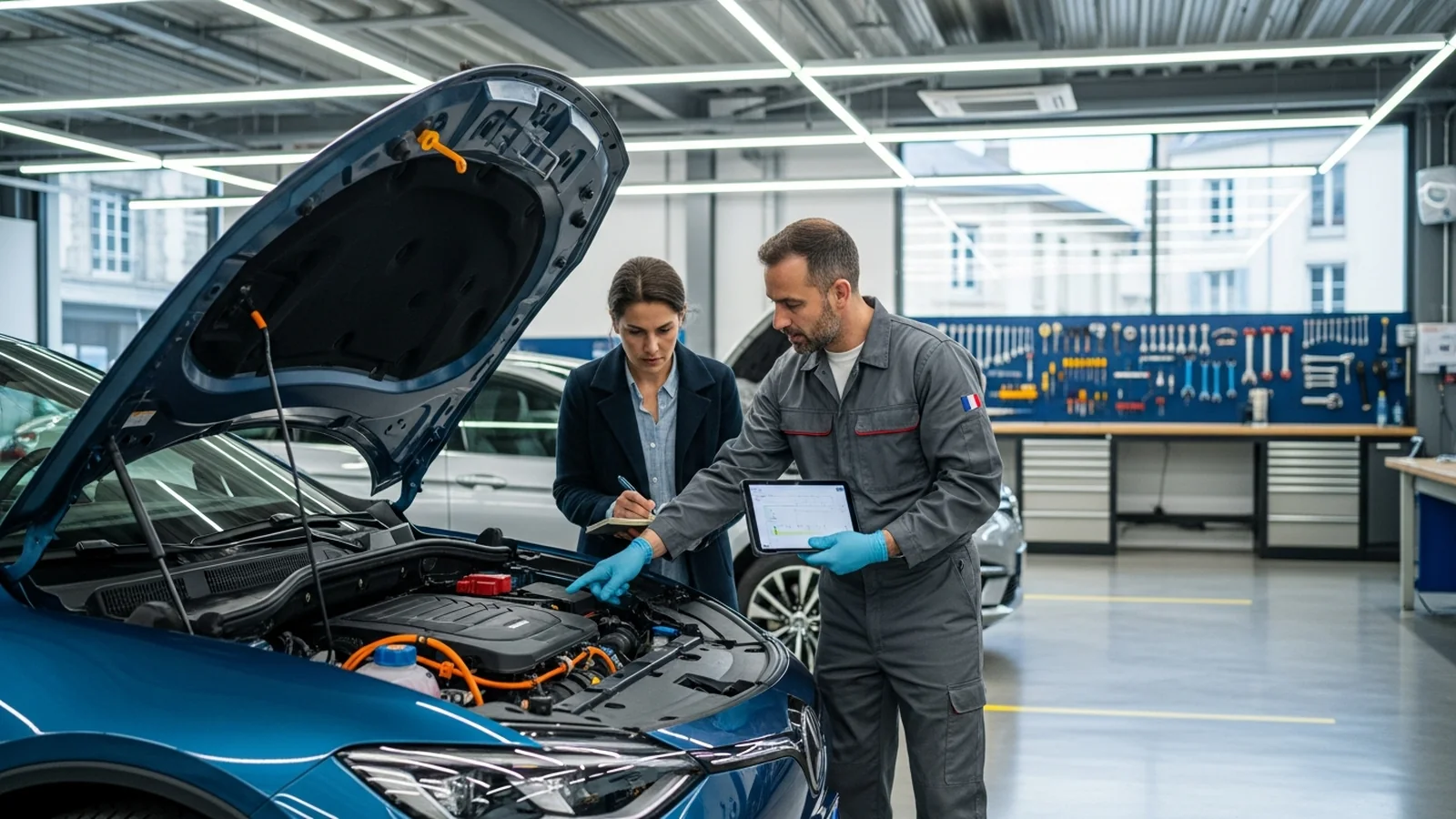 Voiture électrique d'occasion inspectée dans un centre automobile Voiture électrique d'occasion inspectée dans un centre automobile