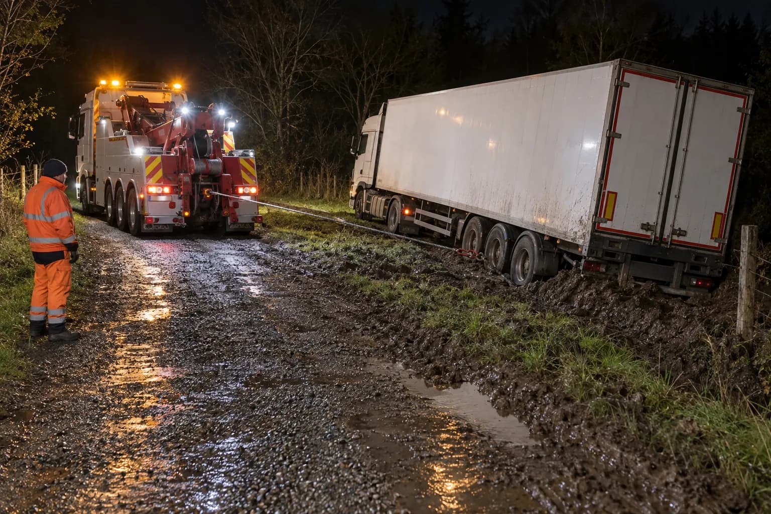 Désembourbage de nuit d'une semi-remorque enlisée dans un fossé, câble de treuil tendu depuis la dépanneuse