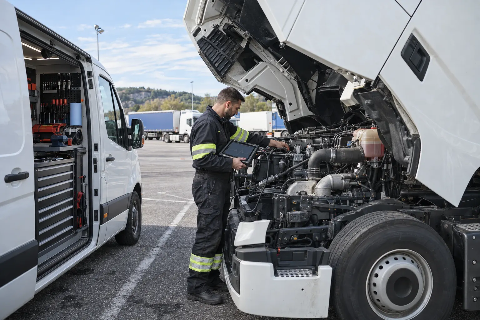 Mécanicien poids lourd réalisant un diagnostic sur place, cabine basculée, camionnette atelier à côté
