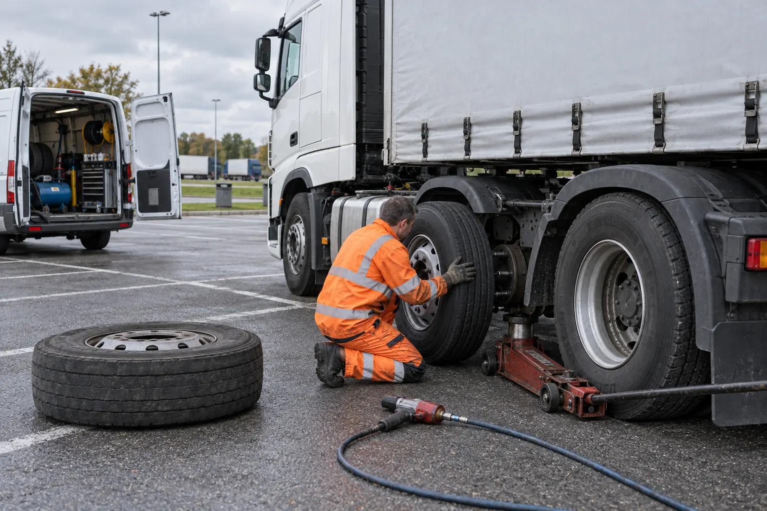 Technicien pneumatique remplaçant un pneu crevé de tracteur routier sur une aire poids lourds