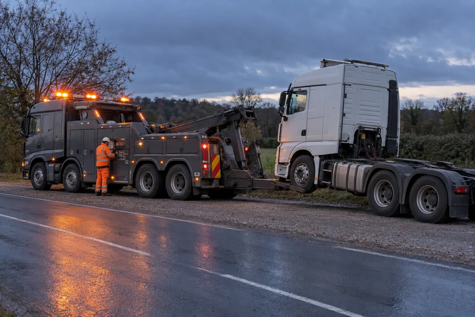 Dépanneuse poids lourd 8x4 soulevant l'essieu avant d'un tracteur routier en panne au bord d'une route