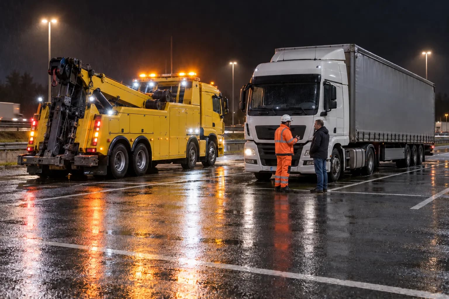 Dépanneuse lourde intervenant de nuit auprès d'un ensemble semi-remorque sur une aire poids lourds