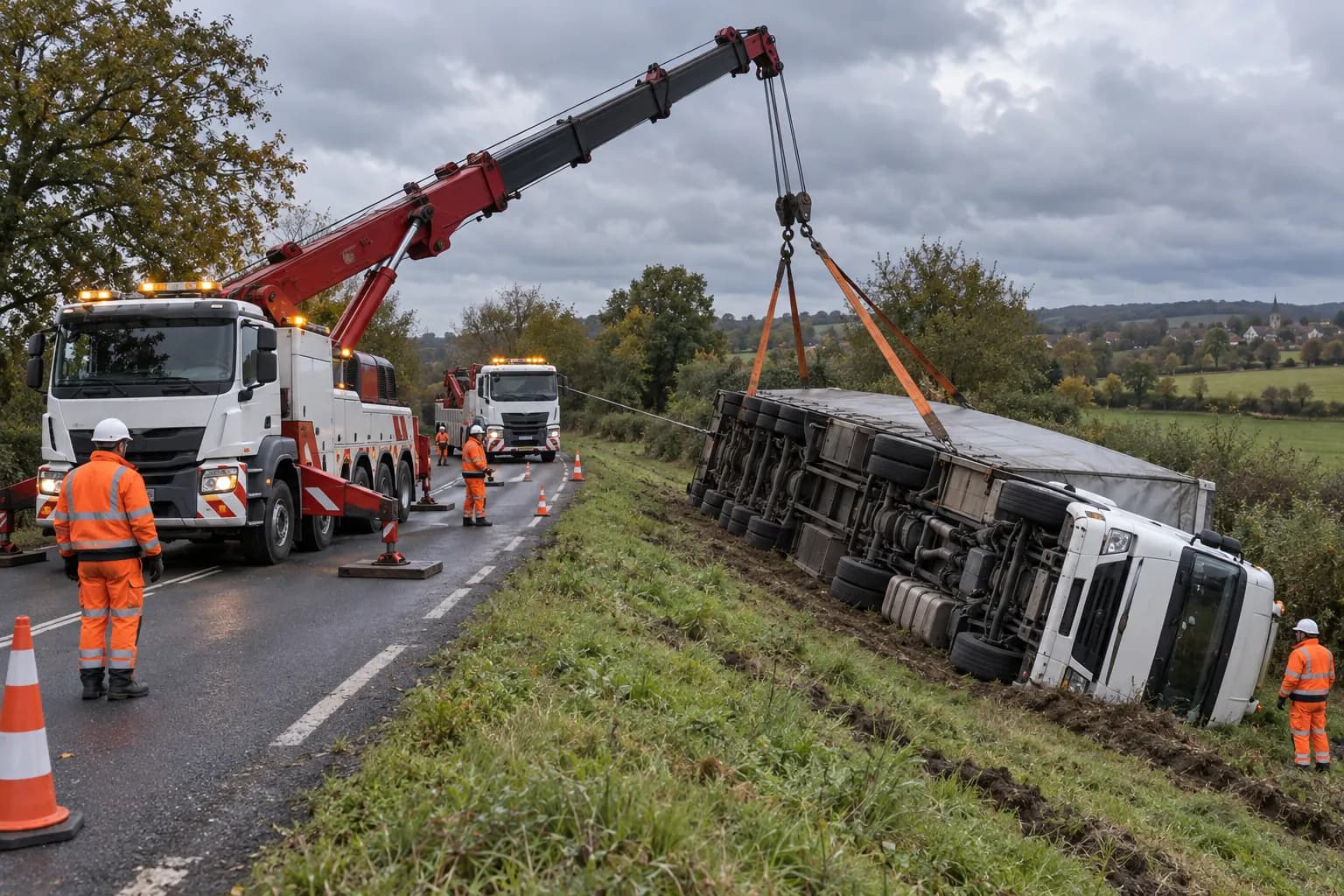 Relevage d'un camion renversé dans un talus par une dépanneuse à grue et une seconde dépanneuse lourde