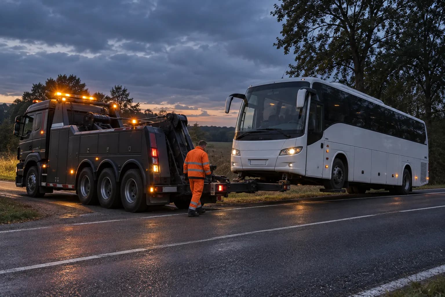 Remorquage d'un autocar par sous-levage de l'essieu avant avec une dépanneuse lourde