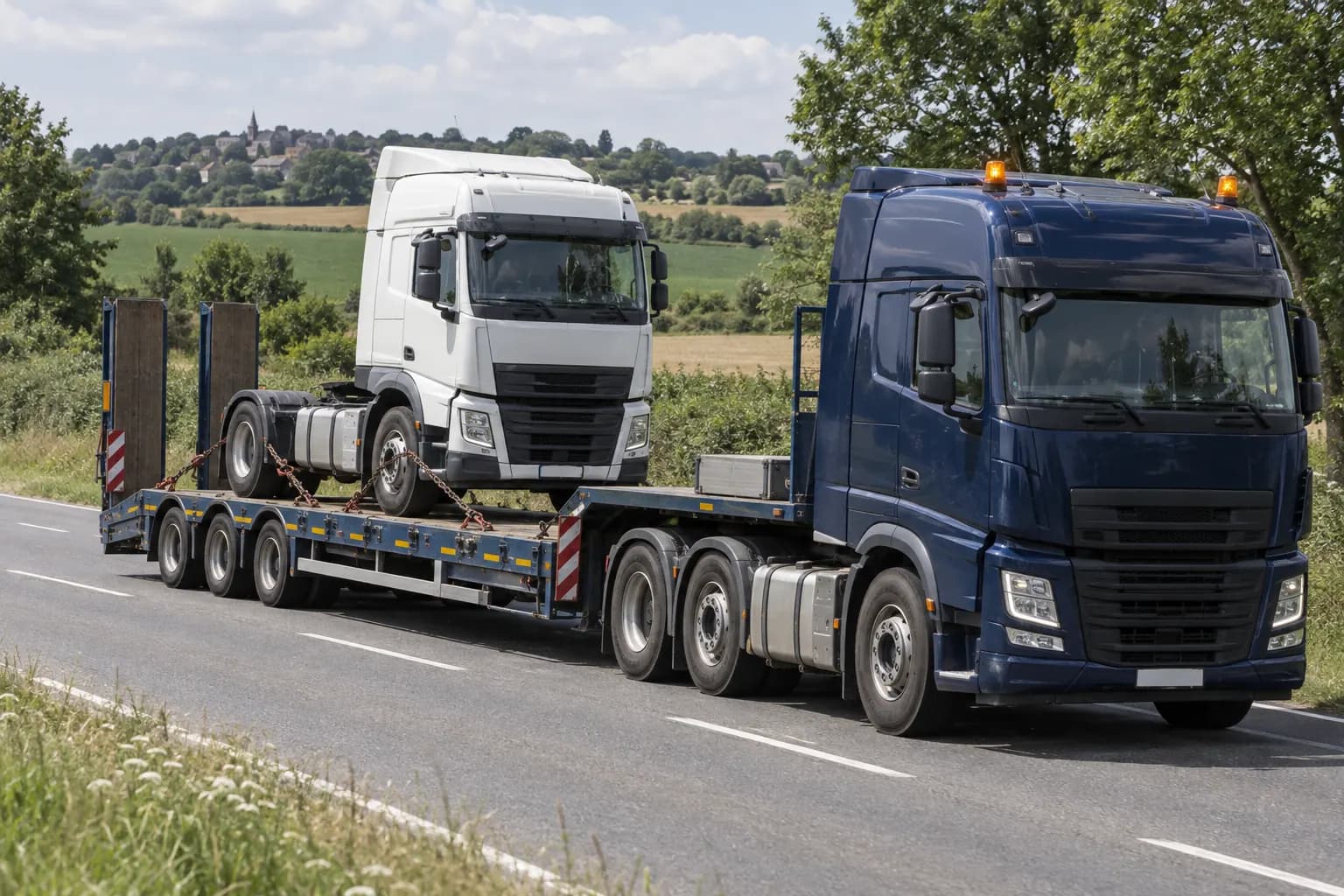 Tracteur routier en panne transporté et arrimé sur une semi-remorque porte-engin